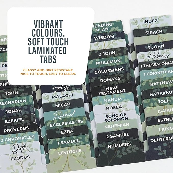 Book Bible Tabs – 100 Soft-Touch, Laminated Bible Tabs for Holy Bible – Durable Tabs for Bible – Protestant & Catholic Bible Tabs Large Print – Green & Blue Bible Tabs for Women & Men