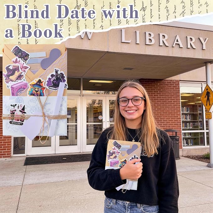 J6&H6 6 Set Blue-Themed Blind Date with a Book Gift excluding Books,Gift Set Including Lace Ribbons Patterned Paper Leather Bookmarks Stickers Blue Labels Kraft Paper for Literary Gifts (Purple)