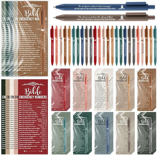 Feifeiya 50 Sets Christian Fathers Day Gifts Bulk Religious Pens Bible Verse Emergency Numbers Bookmark Scripture Catholic Gift for Women Men Church Welcome Sunday School(Christmas Color,English)