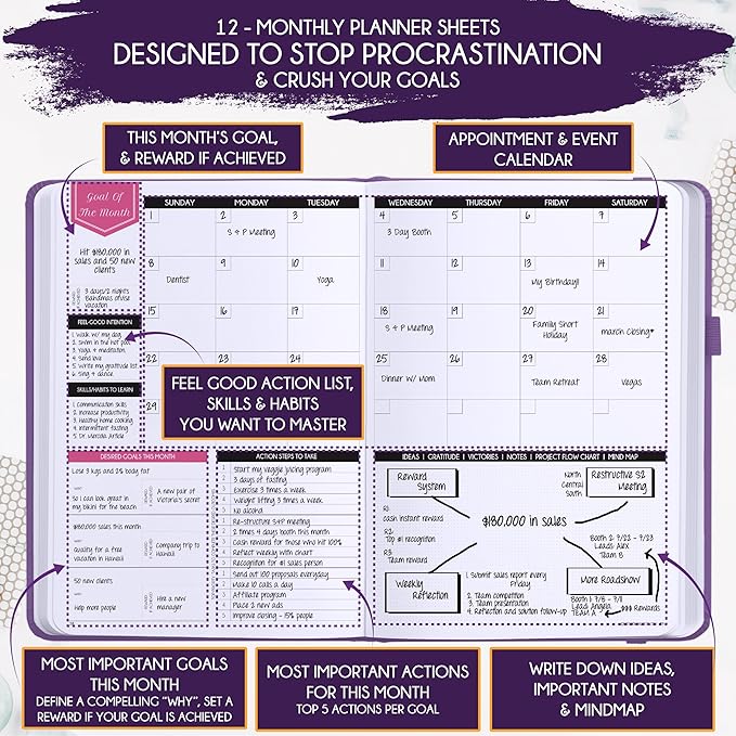 Deluxe Weekly and Monthly Planner | Law of Attraction Planner with Productivity App | 12-Month for Productivity, Gratitude & Goal Setting | Includes Foldable Vision Board, Gift Box & Stickers