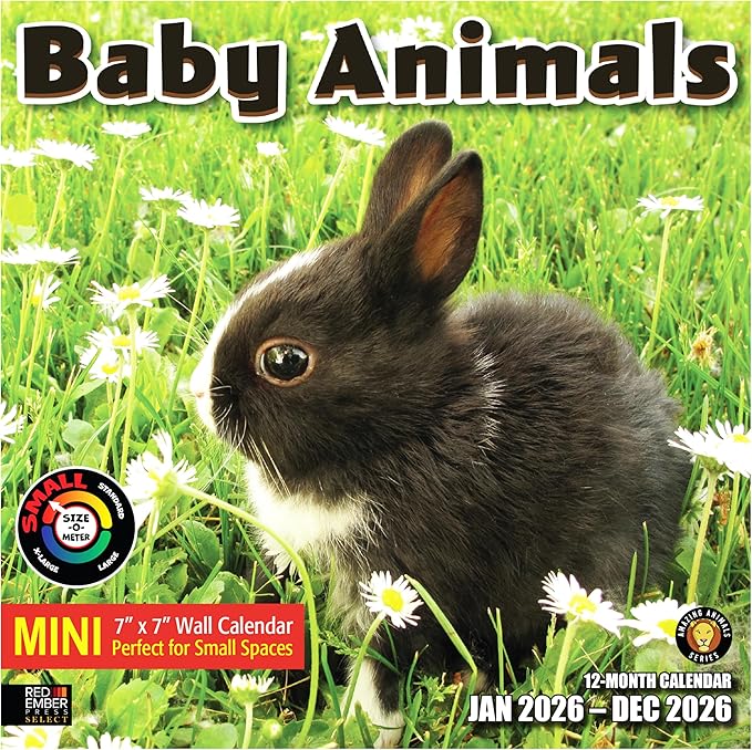 RED EMBER Select - Baby Animals 2026 Mini Wall Calendar 12 Month | 7" x 14" Open | Thick & Sturdy Paper | Giftable | Wild Cute Kids Baby Animals Calendar 2026
