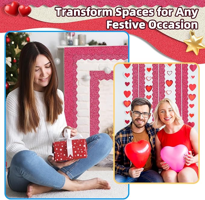3 Rolls 98.4 Ft Valentines Day Glitter Bulletin Board Borders Set - Magenta Bulletin Board Decorations for Classroom, Office, School & Home DIY - Perfect for Teachers, Posters & Birthday Party Decor