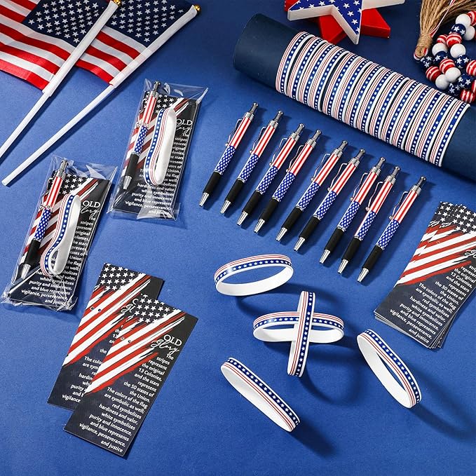 Sayglossy 20 Sets/60 Pcs 4th of July Party Favors 250th Anniversary Flag Ballpoint Pens Silicone Wristband Bookmarks Patriotic Souvenir for 1776-2026 Commemorative Memorial Veteran Independence