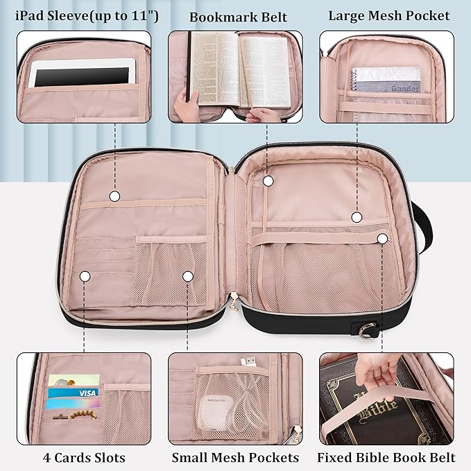 Teamoy Large Bible Cover, Women Bible Carrying Case Church Bag with Straps and Pens Holder, Bible Study Supplies Tote Bag, Black Quilted