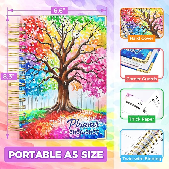Planner 2026-2027, 18 Month Weekly and Monthly Academic Planner, July. 2026 - Dec. 2027, 6.6" x 8.3" A5 Hardcover Calendar Planner with Page Tabs, Separator Page, Inner Pocket, Bookmark, Stickers, Sticky Note Set