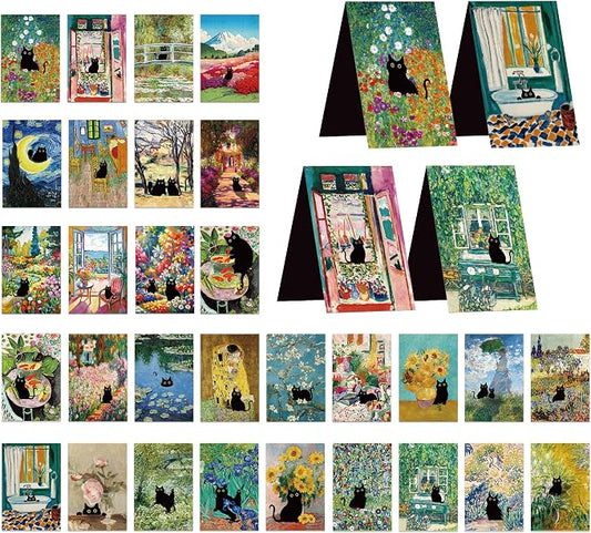 Black Cat Magnetic Bookmarks, 30 Pcs Cute Cats Book Mark Magnet Clips for Reading Women Kids, Oil Painting Art Page Markers for Books Journals Planner School Office Supplies Cat Lover Gifts