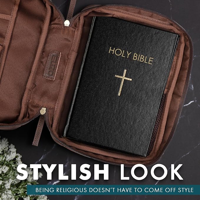 ELIZO Leather Bible Cover for Men Bible Case Women Holder Carrying Organizer Wrap Sleeve Protector Christian Religious Gift Cross Bookmark – Large Bourbon