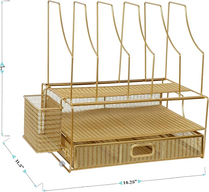 Martha Stewart Ryder Gold Mesh Metal Large Desktop Organizer With Paper File Letter Holder Organizer and Drawer