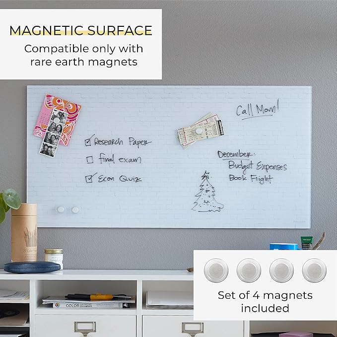 ECR4Kids MessageStor Dry-Erase Glass Board and Magnets, Office Essentials, White Brick