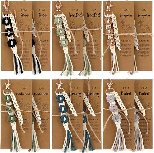 Gerrii 12 Set Back to School Keychains Bulk Christian Gifts for Women Christian Faith Bookmarks with Inspirational Bible Verses Macrame Tassel Keychain Classroom Prize Bible Verse Gift (Dark)