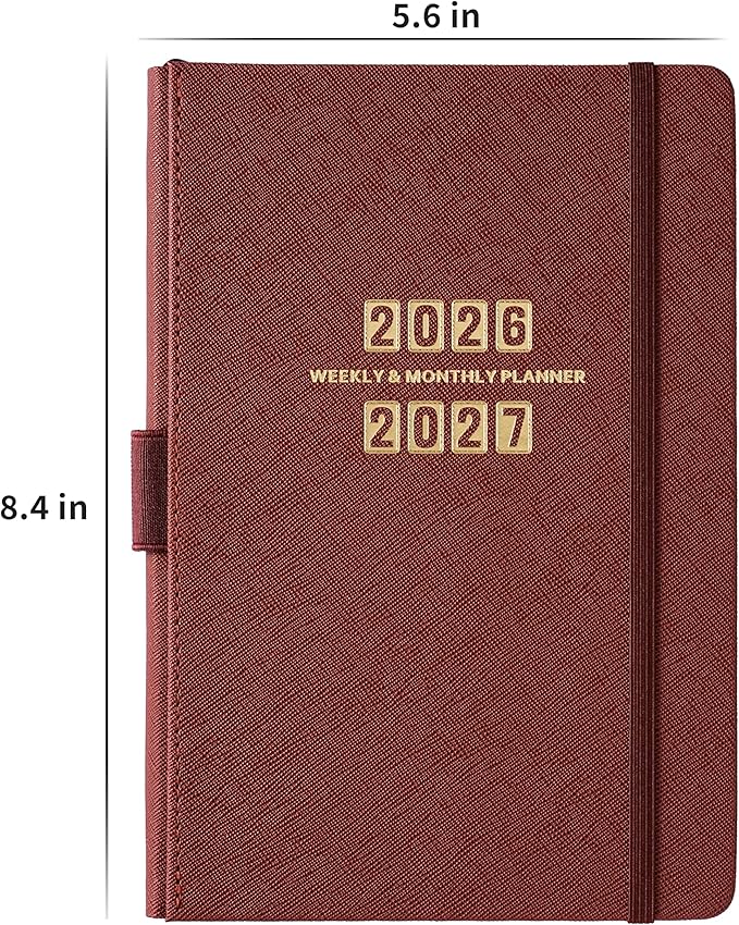 Planner 2026-2027 - Jul. 2026 - Jun. 2027, Academic Planner 2026-2027, Leather Planners Weekly and Monthly, 6.3" x 8.4", Hardcover with Back Pocket + Thick Paper + Twin-Wire Binding - Wine Red