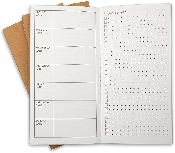 RICCO BELLO Travelers Notebook Refill Inserts, Weekly To Do Undated Calendar, Kraft Cover, 4.25 x 8.25 inches (Set of 3)