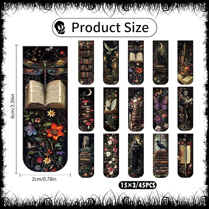 45PCS Dark Academia Magnetic Bookmarks, Gothic Floral Aesthetic Magnet Book Mark Clips for Reading Women, Dark Romance Merch Bookish Accessories and Gifts for Book Lovers