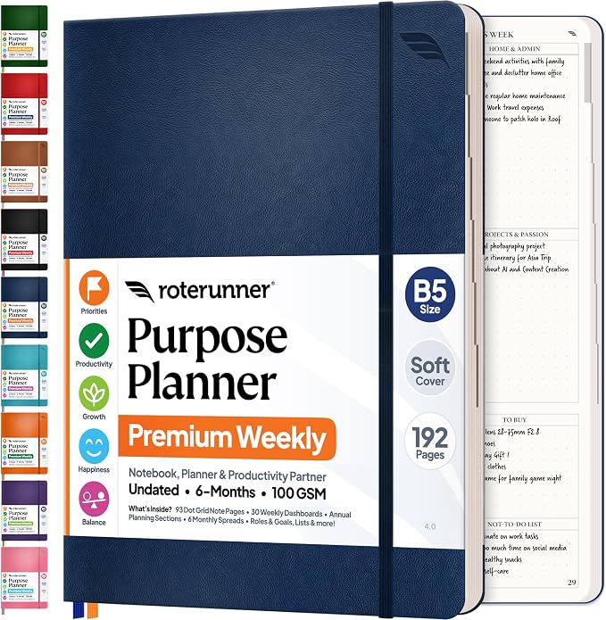 Roterunner Purpose Planner Notebook B5 7.5”x9.8” Undated Planner 2026 Daily Weekly and Monthly Productivity Goal Setting Tool for Work Home ADHD Planner for Adults Self Care Journal
