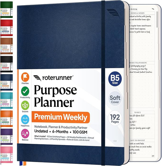 Roterunner Purpose Planner Notebook B5 7.5”x9.8” Undated Planner 2026 Daily Weekly and Monthly Productivity Goal Setting Tool for Work Home ADHD Planner for Adults Self Care Journal