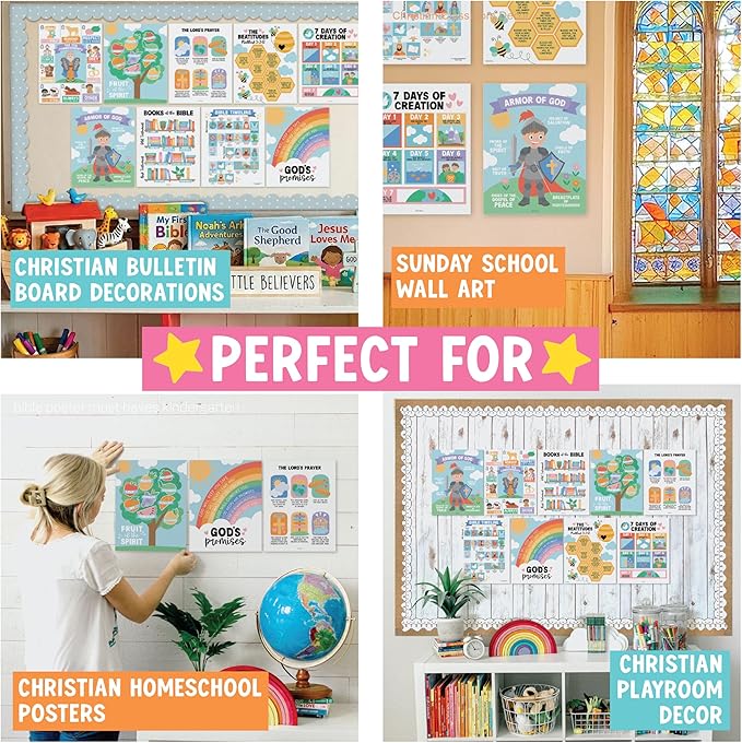 Hadley Designs Sunday School Decorations for Classroom –9 Bible Posters for Kids, Books of the Bible, 10 Commandments, Bible Timeline Chart, Fruits of the Spirit, Rainbow Christian Classroom Decor