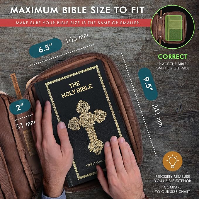 Leather Bible Cover for Men Bible Case for Women Zippered Holder Protector Cross Church Tote Bag Carrying Organizer Sleeve Gift Standard Antique