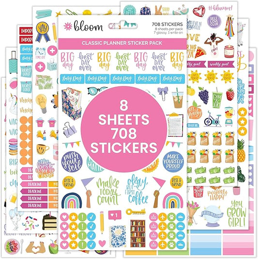 Bloom Daily Planners Newly Improved Classic Planner Sticker Sheets - Variety Sticker Pack for Decorating, Planning, Scrapbooking, etc. - 708 Stickers Per Pack!