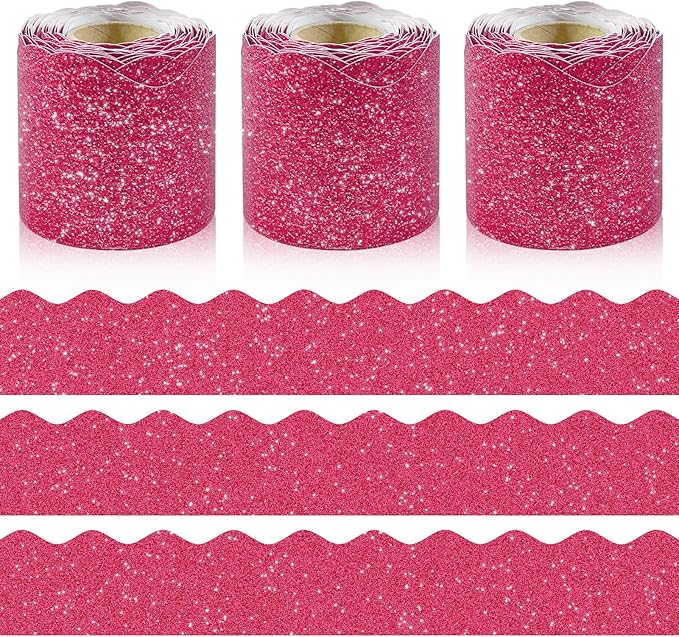 3 Rolls 98.4 Ft Valentines Day Glitter Bulletin Board Borders Set - Magenta Bulletin Board Decorations for Classroom, Office, School & Home DIY - Perfect for Teachers, Posters & Birthday Party Decor