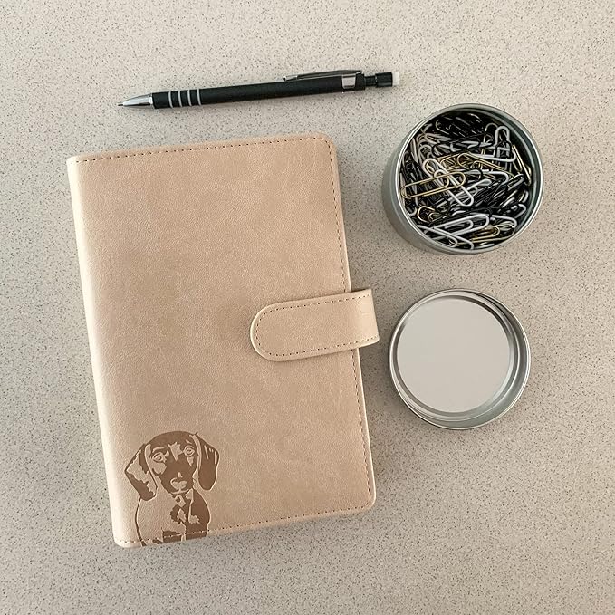 Dachshund Planner – PU Leather Exterior, Metal Loose Leaf Ring Binder, 100gsm Paper (Beige)