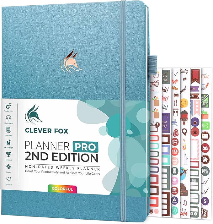 Clever Fox Planner PRO 2nd Edition – Undated Weekly Agenda Planner for Setting Goals, Tasks & Time Management – Life Organizer with To-do Lists & Habit Trackers – Large, 8.5x11″ (Aquamarine)