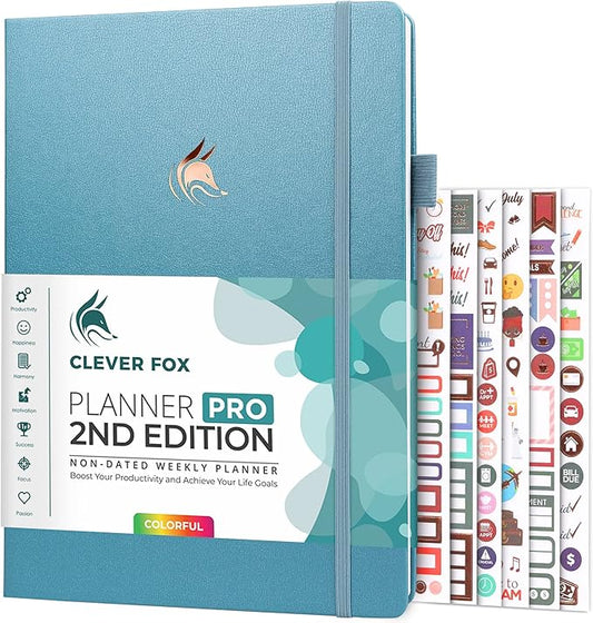 Clever Fox Planner PRO 2nd Edition – Undated Weekly Agenda Planner for Setting Goals, Tasks & Time Management – Life Organizer with To-do Lists & Habit Trackers – Large, 8.5x11″ (Aquamarine)