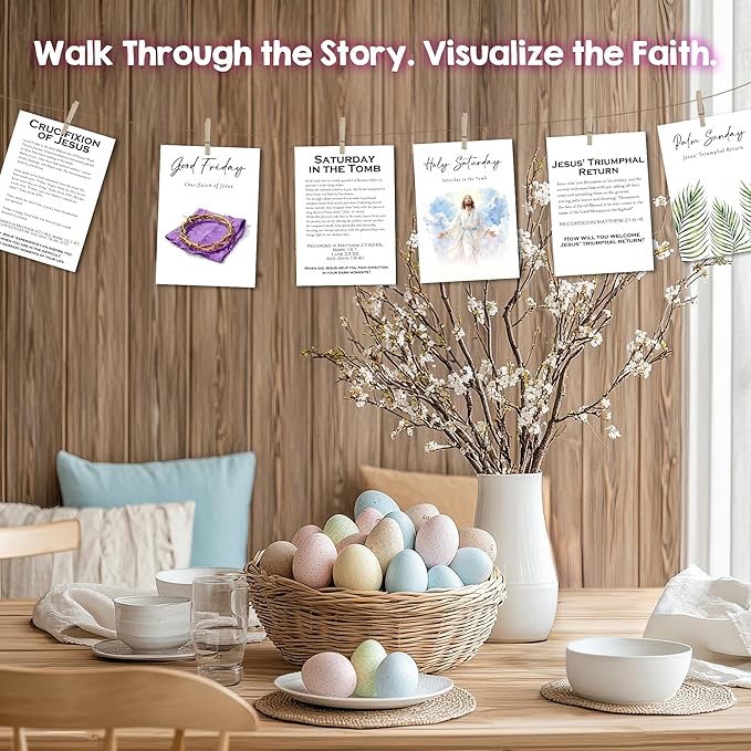 Holy Week Story Cards & Easter Story Cards - Holy Week Decoration - Religious Supplies & Easter Activities for Kids Teens Adults - Sunday School Learning Card(16 Holders 26 Feet Hemp Rope) - A02