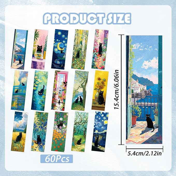 60 Pcs Black Cat Bookmarks Bulk, Cute Oil Painting Art Book Marks for Reading Women, Aesthetic Cat Page Markers for Book Lovers, Cat Lover Gifts for Christmas Birthday School Office Supplies