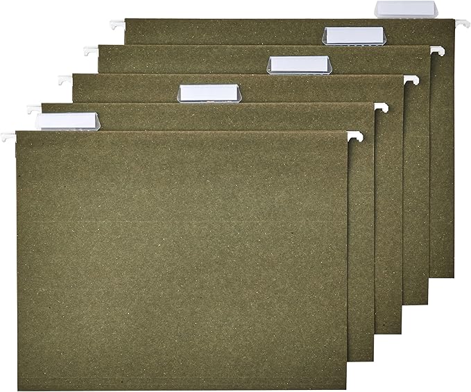 Amazon Basics Hanging File Folders for Documents, Letter Size, 1/5-Cut Adjustable Tabs, Standard Green, 50 Count