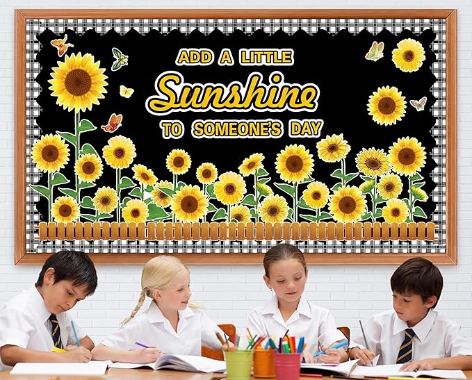 Sunflower Spring Bulletin Board Set – Thanksgiving Motivational Cutouts with Butterflies & Fences – Classroom Cardstock Decor for Window, Wall, Door, Home, Office, Nursery & School Displays