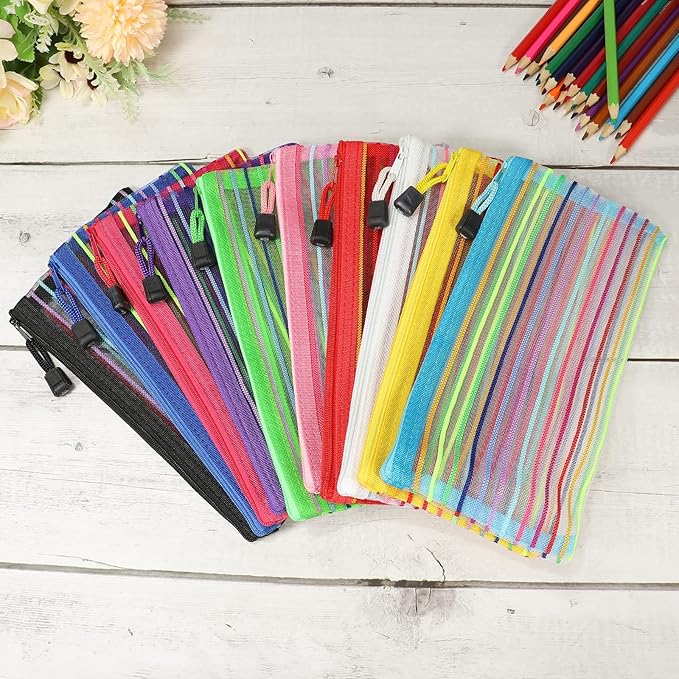 MECCANIXITY Mesh Zipper Pouches, B6 Pencil Case Document File Bags Storage Organizer for Office Supply Travel Accessory, Multicolor Pack of 10
