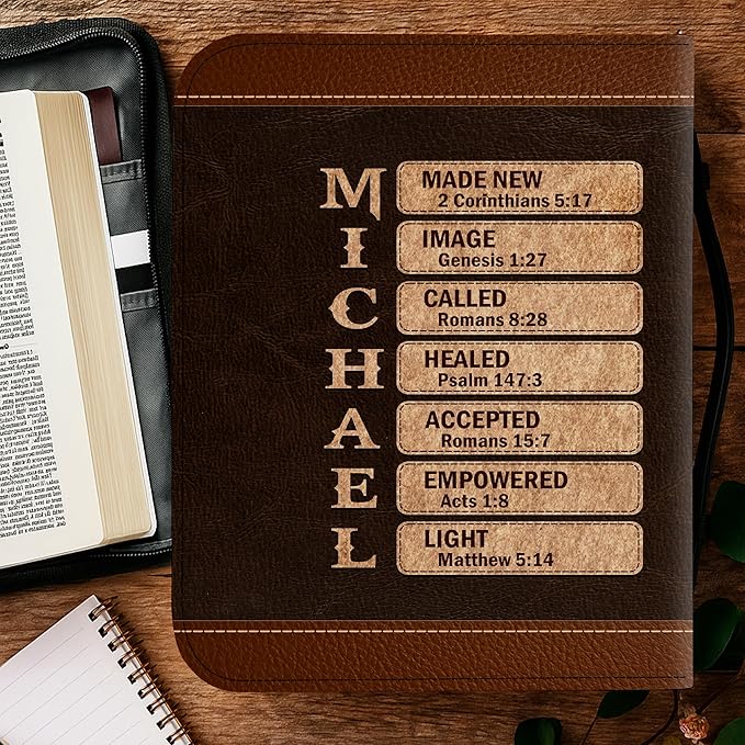 Personalized Man of God Bible Cover, God Says I Am Bible Case PU Leather, Bible Holder Handle Zipper, Faith Scripture with Name Case Bag, Religious Gifts for Church Christians Women Men (GOD-04)