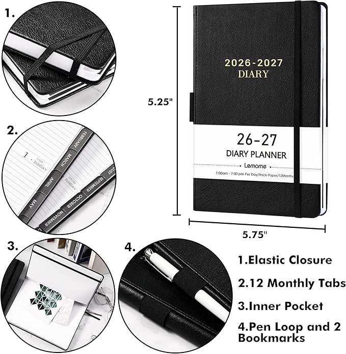 Daily Planner 2026-2027 - Diary 2026-2027, Appointment Book with Tabs, Pen Loop, Bookmarks, Inner Pocket, July 2026 to June 2027, 5.75" x 8.25"