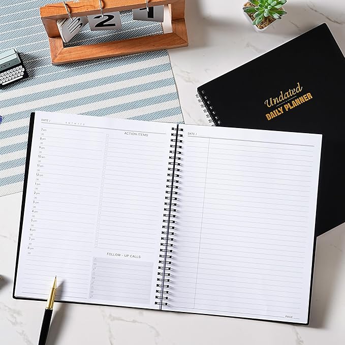 Daily Planner - 9'' x 11'' Notebook with Hourly Schedule, Undated Workbook to Record Your Appointments, 208 Pages, Elastic Closure, Inner Pocket
