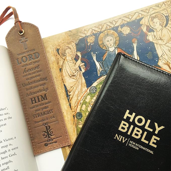 Leather Bible Bookmarks - 2 Leather Christian Bookmarks with Inspirational Bible Verse | Proverbs 3, 5-6 Trust in The Lord | Perfect Religious Book Marker Gifts for Men, Women, Readers and Friends