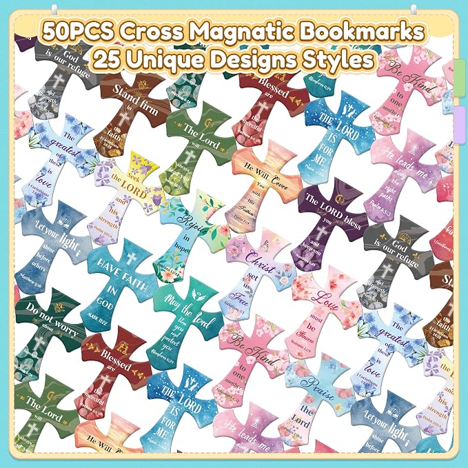 50Pack Magnetic Bookmarks Christian Bookmarks Bulk Cross Bible Bookmark for Reading Women Men Kids Teacher Book Lovers Gifts, Religious Magnet Bookmark Clips Personalized Book Markers (Multi-Style)