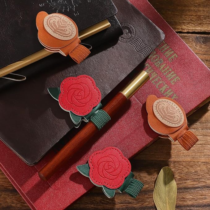 2PCS Vintage Magnetic Leather Bookmark, Leather Magnetic Bookmarks for Women,Unique Book Marks Gifts for Book Lovers， Magnetic PU Bookmarks Clip Book Accessories for Adults & Kids，Roses & Coffee