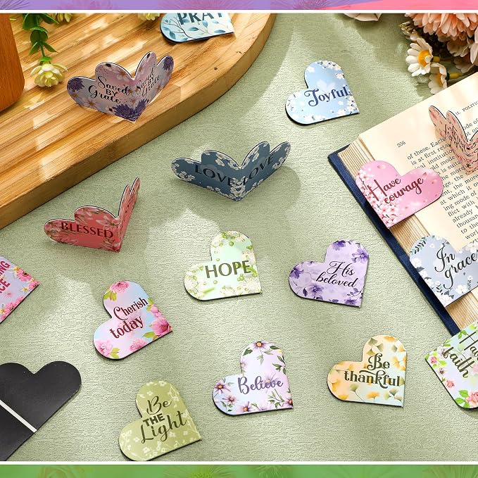 Skyygemm 48 Pcs Christian Bible Magnetic Bookmark Inspirational Bookmarks Religious Gift with Bible Verse Heart Shaped Floral Magnetic Page Clips for Mother's Day Mom Women Church
