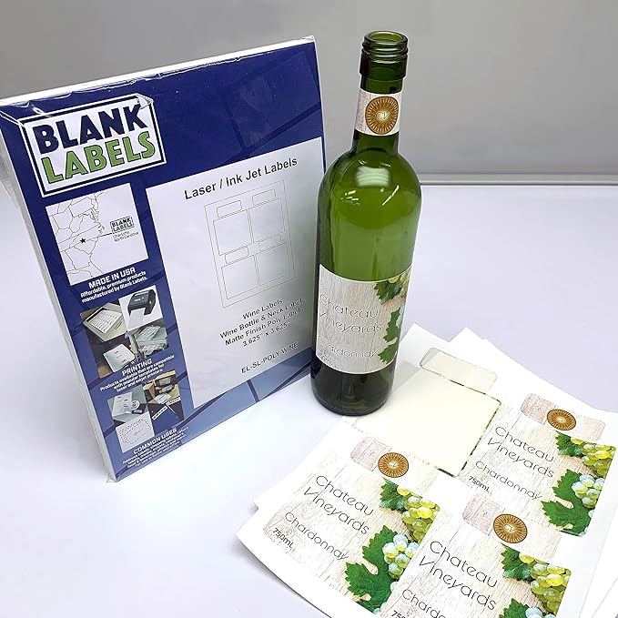 Wine Bottle Labels from Blank Labels - 4 Per Page - Water-Proof - Template Compatible - Laser and Inkjet Guaranteed - Easy Peel - Made in USA - 4” x 3.33” - 500 Sheets - 2000 Bottle Labels