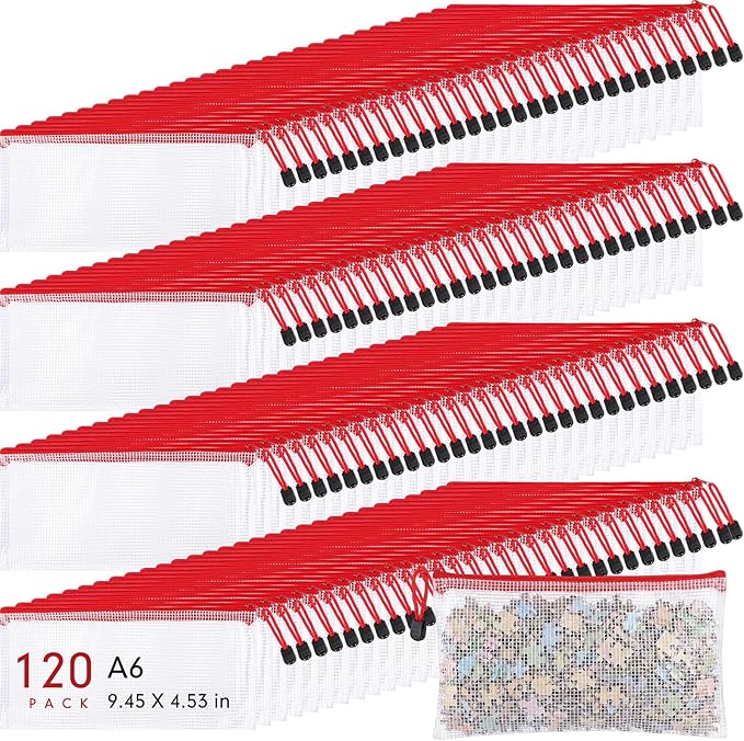 Sherr 120 Pcs Mesh Zipper Pouch A6 Pencil Pouches Bulk Small Clear Mesh Bags with Zipper 9.45'' x 4.53'' Waterproof File Bag Pencil Case for School Office Travel Organization(Red)