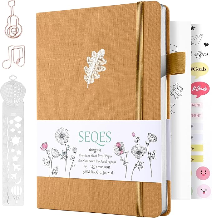 A5 Bullet Dotted Journal Notebook | 160gsm Thick Bleedproof Paper, Lay Flat Binding, 160 Numbered Pages | Hard Cover Dot Grid Notebook/Bullet Journals for Creatives & Professionals-Oak leaves