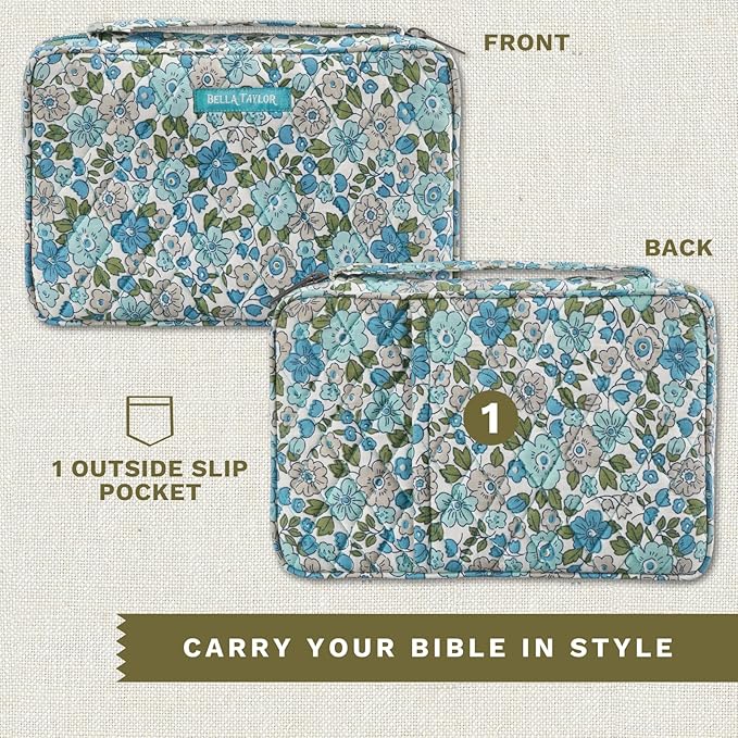 Bella Taylor Small Bible Cover for Women - Quilted Cotton Bible Case for 6 x 9 inch Books - Delicate Floral Blue