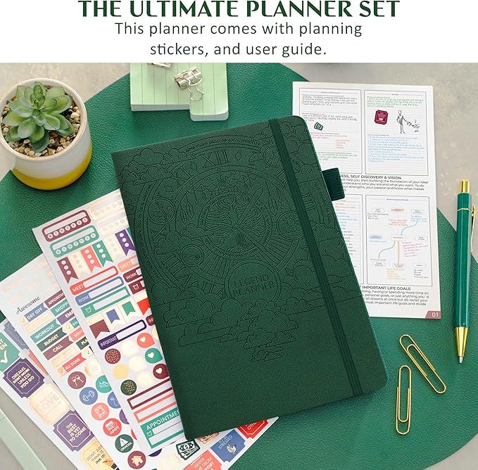 Legend Dated Hourly Weekly Planner 2026 – Daily, Monthly & Yearly Agenda with Time Slots – Hardcover Organizer Journal, 5.8x8.3” (Dark Green)