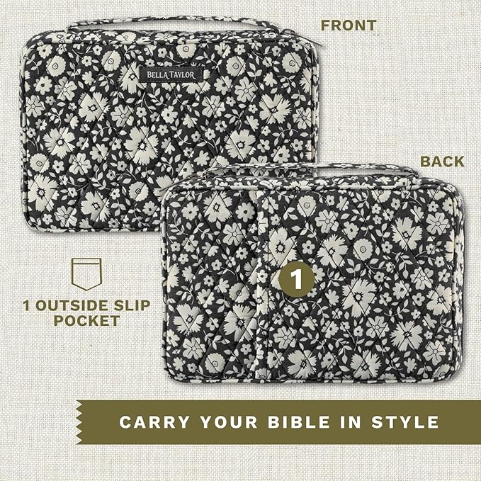 Bella Taylor Small Bible Cover for Women - Quilted Cotton Bible Case for 6 x 9 inch Books - Bicolor Floral Black