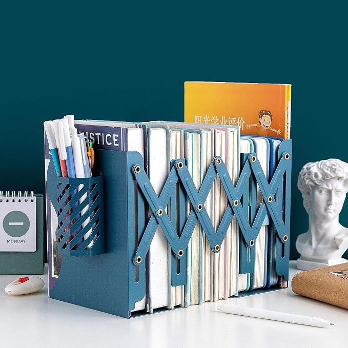 Adjustable Bookends Metal Book Ends for Heavy Book Holder Heavy Duty Bookends Nonskid Bookcase Desktop Book Organizer Binder Holder (Blue)