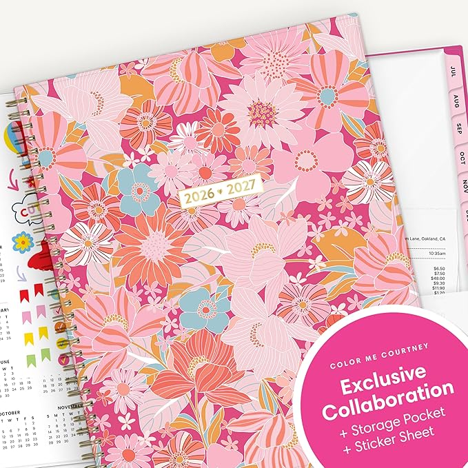 Blue Sky Color Me Courtney 2026-2027 Weekly and Monthly Academic Year Planner Calendar, July 2026 - June 2027, 8.5" x 11", Flexible Cover, Wirebound, Laminated Tabs, Storage Pocket, Includes Stickers, Bloom Pink