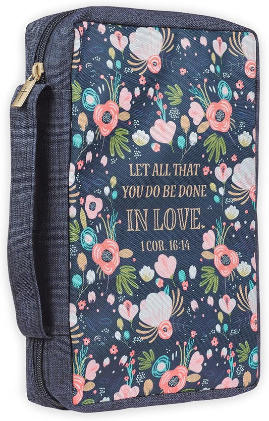 Christian Art Gifts Men/Women's Bible Cover All that You Do 1 Corinthians 16:14, Navy Floral Canvas, Large
