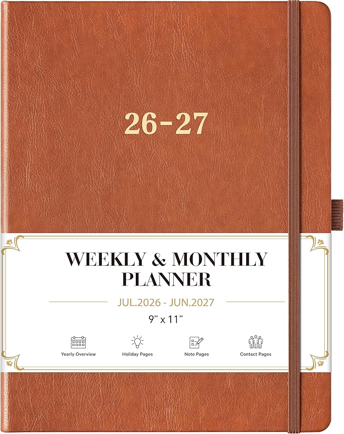 2026-2027 Planner - Academic Planner 2026-2027, July 2026 - June 2027, 9" x 11", Leather Planner Large, Monthly Weekly Planner with Pen Holder + Elastic Closure + Leather Hardcover + Bookmarks - Brown