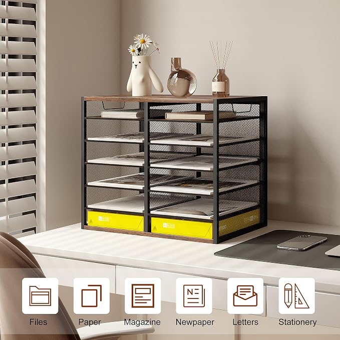 TQVAI 12 Compartments Desktop Literature Organizer, Metal Frame Paper Sorter with Handles, Adjustable Mailbox for Classroom and Office, Desk File Organizer for Document, Bill, Magazine, Antique Brown
