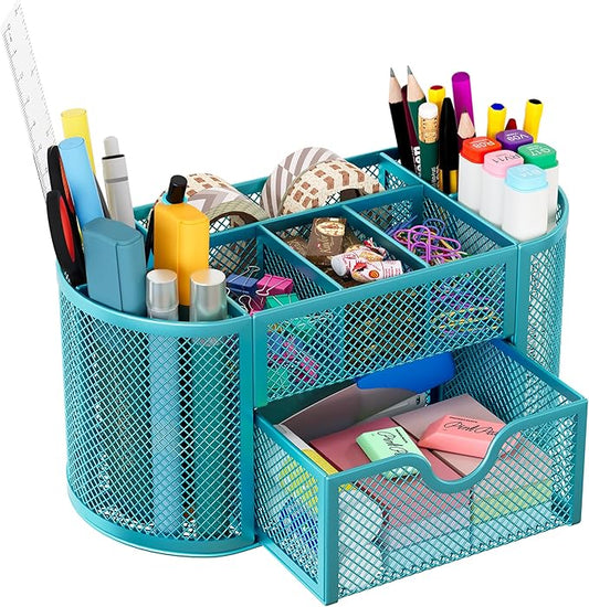 EasyPAG Mesh Pen Holder Desk Organizer with Drawer Stationery Supplies Organizer for Dorm School 9 Compartments Workspace Desk Accessories Organization for Office, Blue